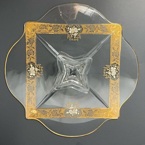Ovington’s Alhambra Glass Cake Pedestal Platter Gold Floral Inlay Elegant Shape - Picture 6 of 14